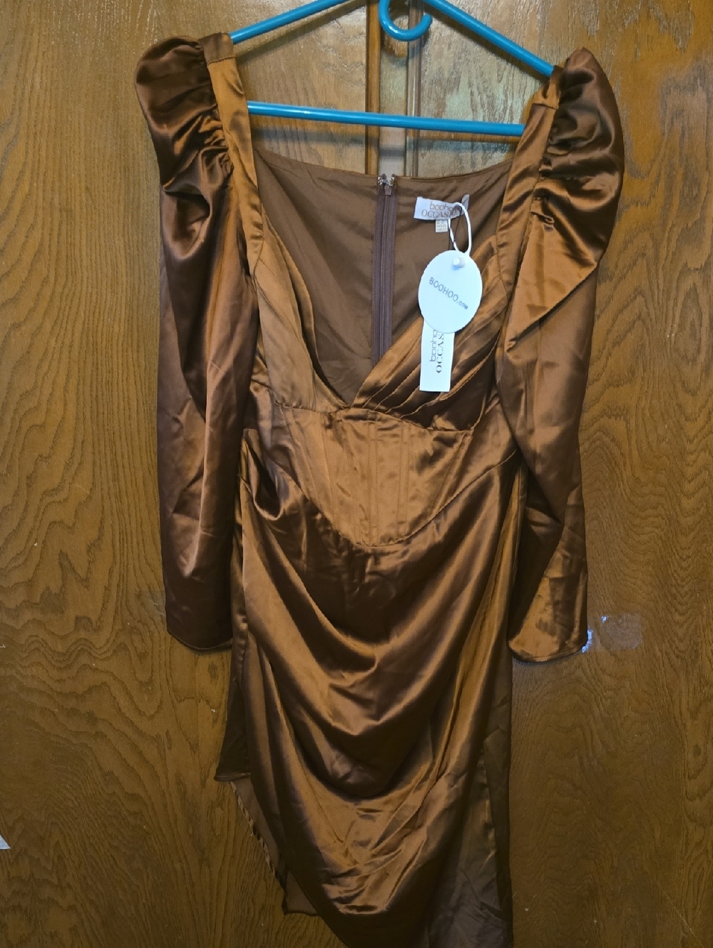 Boohoo Chocolate Brown Satin Mini Dress with Puff Sleeves